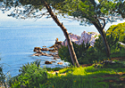 A painting of a man fishing from the rocks at Cap d'Antibes by Margartet Heath.